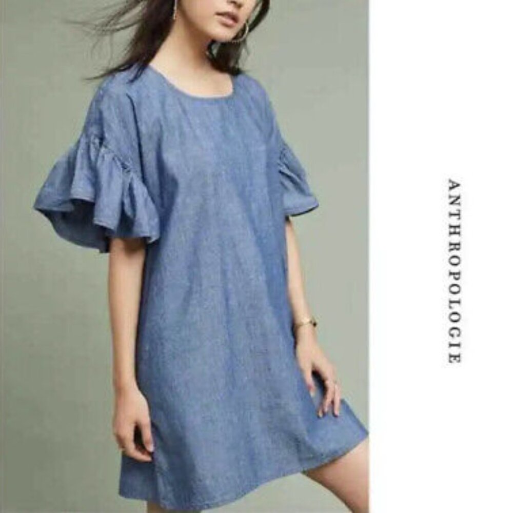 Maison Labiche Paris chambray ruffle sleeve dress blue cotton M